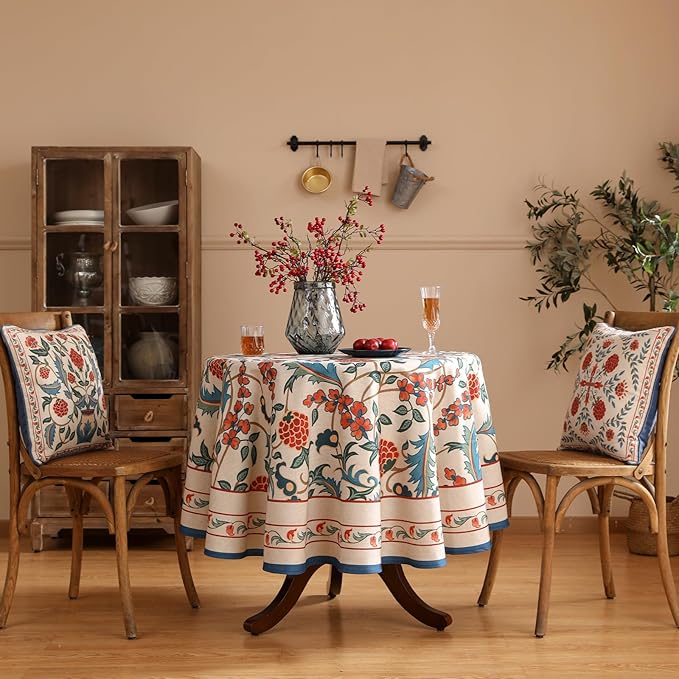patdrea Designer Linen Round Table Cloth,Durable Breathable Floral Dacorative Tablecloth,Decor Tables Covers for Kitchen Dining,Tea Party,Holiday,Christmas,Thanksgiving,Diameter 55"-Puno