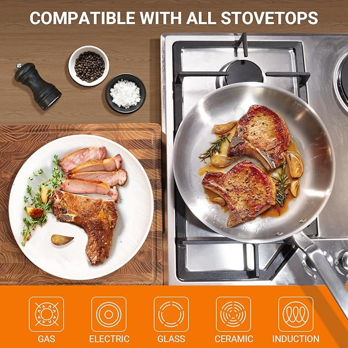 12 Inch Stainless Steel Frying Pan - 5 Ply Stainless Clad Skillet with Aluminum Core, Durable and Even Heating, Professional Cookware for Induction, All Stoves, Oven and Dishwasher Safe