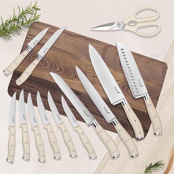 Kuisine Chef Knife Set,High Carbon Stainless Steel Sharp Knife Set Ergonomic Handle,Kitchen Knife Block Set with Built-in Sharpener(Ivory Pro,15PCS)