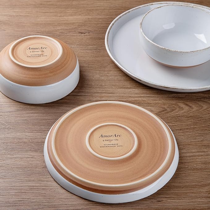 AmorArc 18 Pieces Ceramic Dinnerware Sets for 6, Handpainted Stoneware Plates and Bowls Set with Rustic Terracotta Underside, Scratch Resistant Dishes Set, Dishwasher & Microwave Safe, White