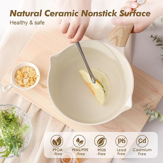 SENSARTE Ceramic Nonstick Sauce Pan with Lid, 1.5 Quart Small Saucepan, White Cooking Pot with Stay Cool Handle, Non toxic Kitchen Sauce Pot, Non stick Saucier Pan, Induction Pot, PFOA PTFE PFAS Free