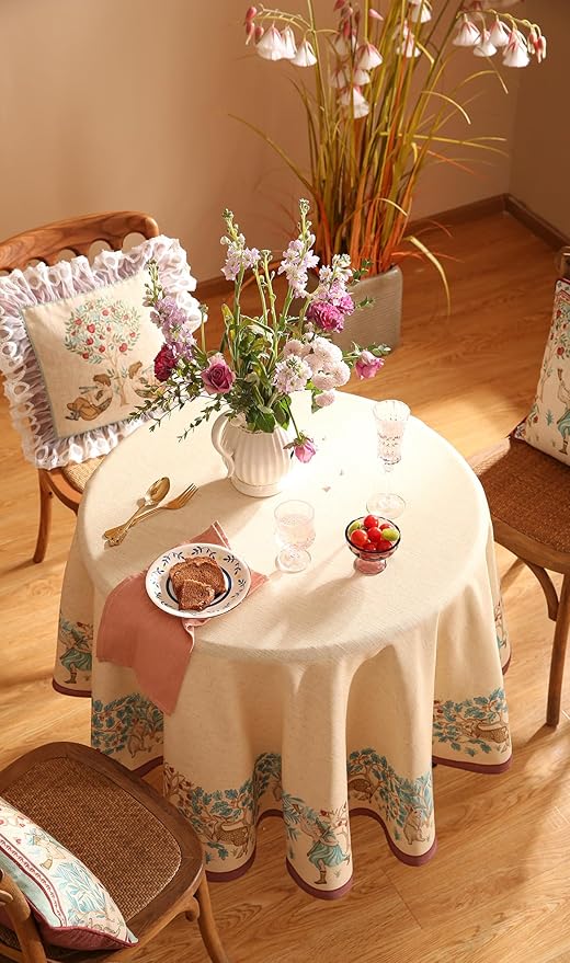 patdrea Designer Vintage Linen Round Tablecloth,Beige Breathable French Trees Pattern Table Cloth,Fall Decoration Table Cover for Kitchen Dining Christmas,Thanksgiving,Diameter 67"-Tatiana D