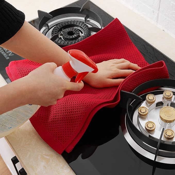 Homaxy 100% Cotton Waffle Weave Kitchen Dish Towels, Ultra Soft Absorbent Quick Drying Cleaning Towel, 13 x 28 Inches, 4-Pack, Red