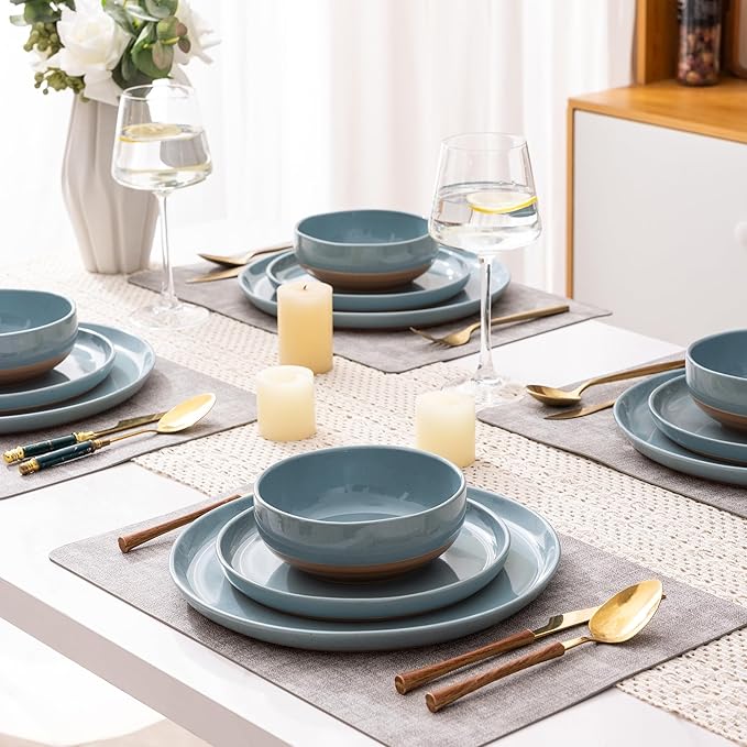 AmorArc Ceramic Dinnerware Sets for 8, 24 Pieces Handpainted Plates and Bowls Set with Rustic Terracotta Underside, Scratch Resistant Stoneware Dishes Set, Dishwasher & Microwave Safe, Stone Blue