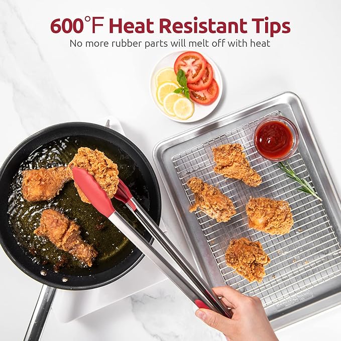 600ºF Heat Resistant Kitchen Tongs: U-Taste 16 inch Extra Long Large Silicone Cooking Tong with Sturdy Non Stick Rubber Tips & Non Slip Silicon Coated 18/8 Stainless Steel Handle for Grilling BBQ(Red)