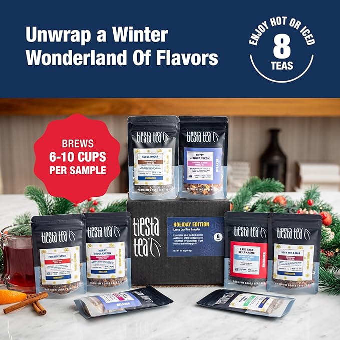 Tiesta Tea - Holiday Tea Sampler Dry Flight Set, Loose Leaf, High to No Caffeine Hot & Iced, Premium Brew Sample with Black, Herbal, Fruit & Hibiscus Blends, 8 Resealable Sample Pouches