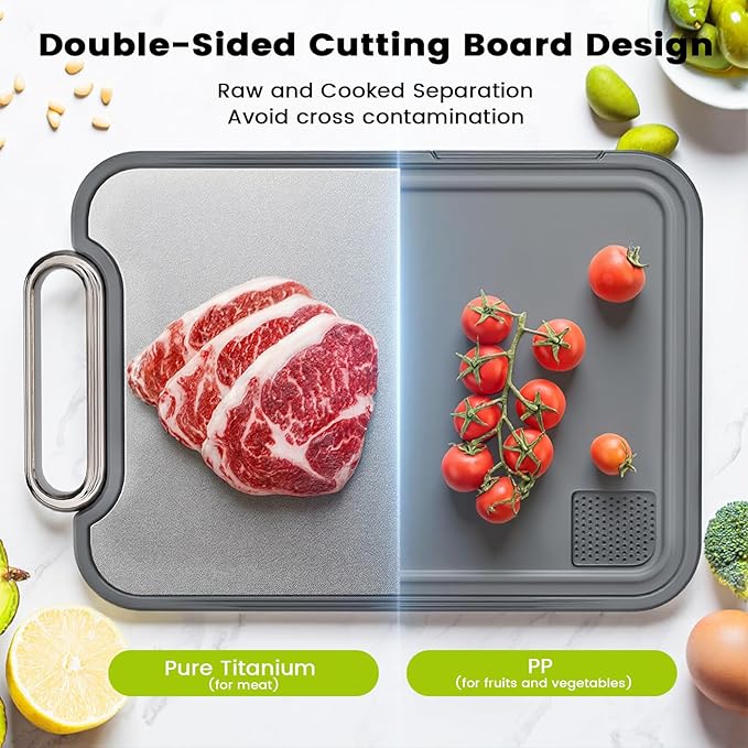 Titanium Cutting Board for Kitchen, Cutting Boards Non Toxic Double Sided Metal Pure Titanium and Wheat Straw PP Chopping Board Food Grade Easy to Clean Large Size 16"*10"*0.9"(Grey)