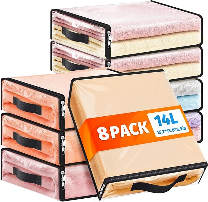SpaceWhisper 8 Pack Clear Storage Bags, Plastic Blanket Storage Bags with Zipper and Handle, Moving Bags for Comforter, Bedding & Clothes, Closet Organizer and Under Bed Storage (15.7x13.8x3.9 Inch)
