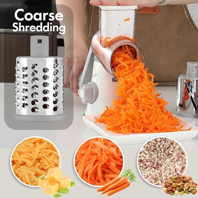 Rotary Cheese Grater with Handle, Kitchen Speed Hand Crank Vegetable Slicer, Potato Hash Brown Shredder Spinning Nut Grinder with 3 Replaceable Stainless Steel Drum Blades (White)