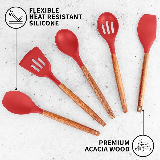 Zulay Kitchen Utensils Set Non-Stick Silicone Cooking Utensils Set with Authentic Acacia Wood Handles - 5 Piece Silicone Utensil Set - Kitchen Utensils Set with 464°F Heat Resistance - Red