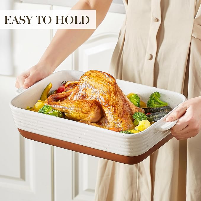 MALACASA Baking Dish 4.8 Qt Ceramic Casserole & Lasagna Pan, 9x13 Inch Deep Rectangular Oven Safe Dish with Handles for Baking, Roasting, Serving (Khaki & White) - Series Tara