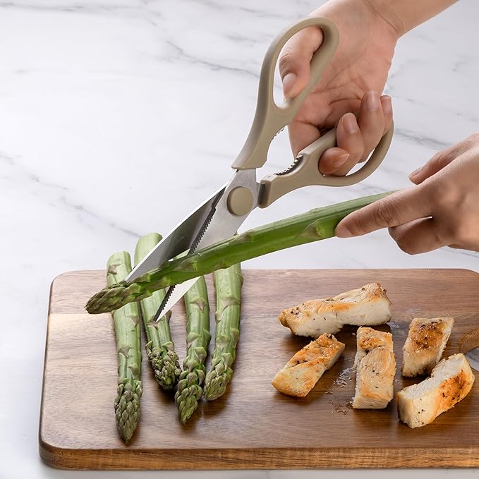 Rae Dunn Kitchen Scissors- Stainless Steel Kitchen Shears, Cooking Scissors for Cutting Meat, Chicken, Herbs and Produce with Blade Cover and Soft Grip Handles (Brown)