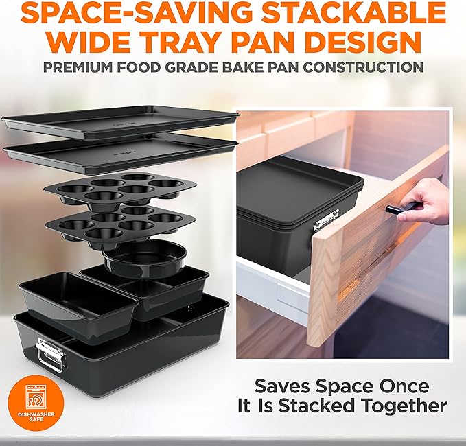 NutriChef 8-Piece Stackable Nonstick Bakeware Set - Premium Steel Baking Pans Set - Includes Round Cake Pan, 6-Cup Muffin Pans, Wide/Square Brownie & Loaf Pans, Cookie Sheet, & Roaster Pan (Black)