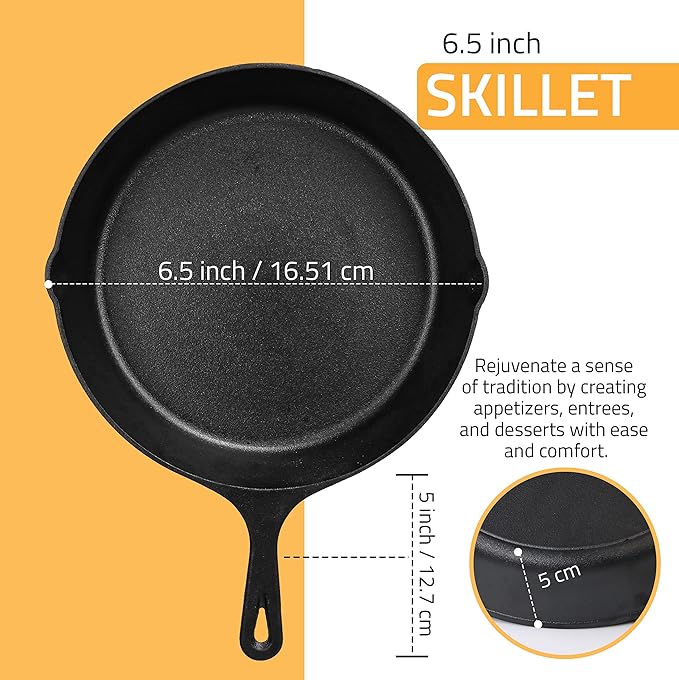 Utopia Kitchen Cast Iron Frying Pan 6.5 Inch, Cast Iron Chefs Pan, Pre Seasoned Skillet, Safe Grill Cookware for Indoor & Outdoor Use, Black