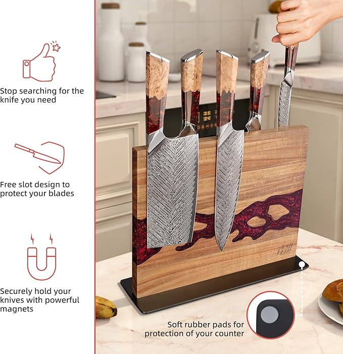 FINDKING Magnetic Knife Block, Double Sided Holder, Powerful Magnet Kitchen Storage, Acacia Wood and Red Resin (12 x 10 Inches, Without Knives)