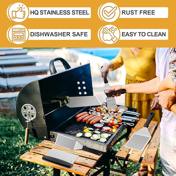 HaSteeL Griddle Accessories Kit of 5, Heavy Duty Metal Spatula, Professional Stainless Steel Flat Top Griddle Tools Set, Pancake Flipper/Griddle Scraper/Hamburger Turner for BBQ Grilling Cast Iron