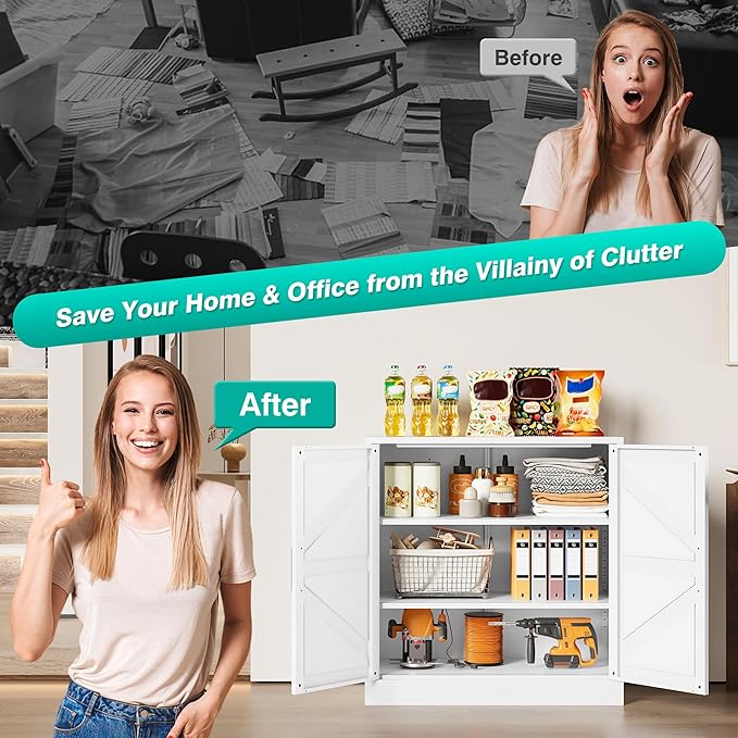 White Storage Cabinet with Doors and Adjustable Shelves,36" Farmhouse Food Pantry Cabinets,Small Sideboard Cabinet,Short Metal Storage Cabinets for Home Kitchen,Dining/Living/Laundry/Room