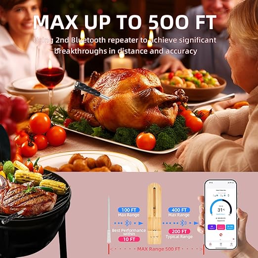 Wireless Smart Meat Thermometer with Bluetooth | Long Range | Measures Internal & Ambient Temp | for BBQ, Oven, Grill, Kitchen, Smoker, Rotisserie (White)