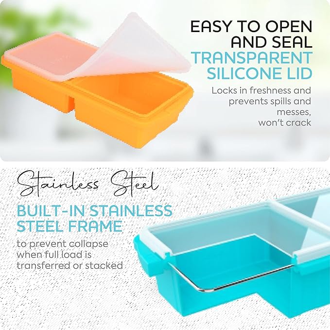 Silicone Freezer Tray With Lid-Soup Freezer Container molds-2-cup Extra Large Ice Cube Tray-makes 4 perfect 500ml portions cubes, For freezing soup,stews,sauces.Oven&Dishwasher-Safe(2-Pack)