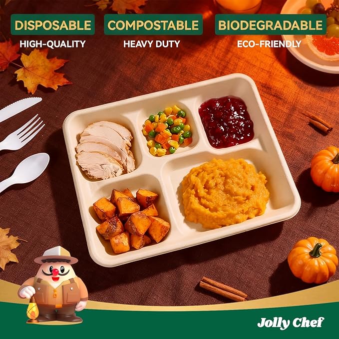 JOLLY CHEF Compostable 5 Compartment Paper Plates 10 * 8.25 * 1 inch 125 Pack Small Disposable Eco-Friendly Biodegradable Food Trays for Primary and Secondary School Students’ Lunch (Brown)