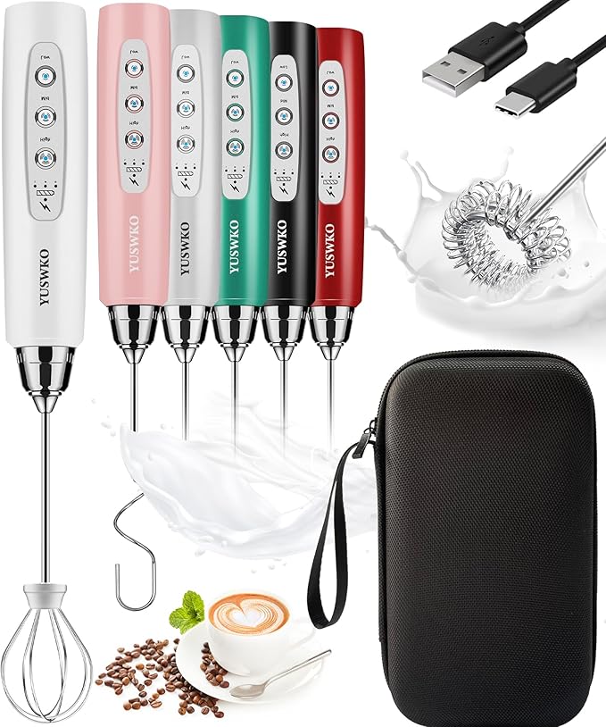 YUSWKO Rechargeable Milk Frother Handheld Frother Wand Drink Mixer for Coffee, Electric Whisk 3 Speed Adjustable, Coffee Foamer Maker with 3 Stainless Whisks Ideal Stirrers for Travel - White