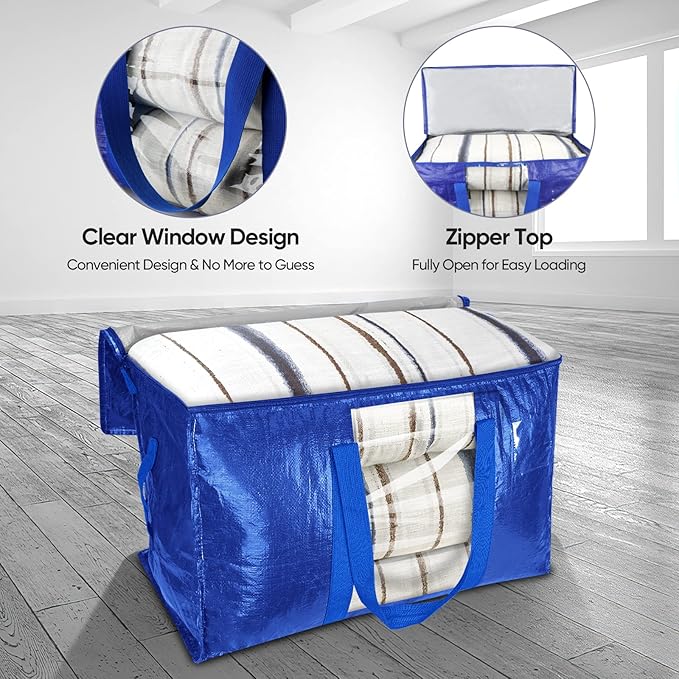 BALEINE 4-Pack Oversized Moving Bags with Reinforced Handles, Heavy-Duty Storage Tote Moving Supplies for Packaging, Camping (Blue w/Window, 4-Pack)
