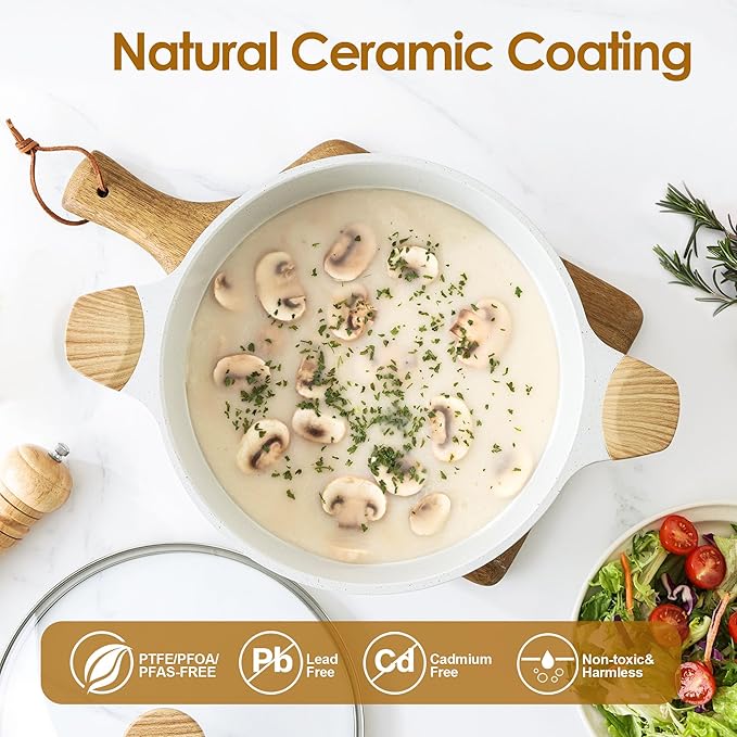 SENSARTE Ceramic Nonstick Stock Pot with Lid, 7 Qt Induction Cooking Pot with Tempered Glass Lid, Stew Pot for Soup and Oatmeal, Pasta Casserole, Free of PFAS & PTFE, White