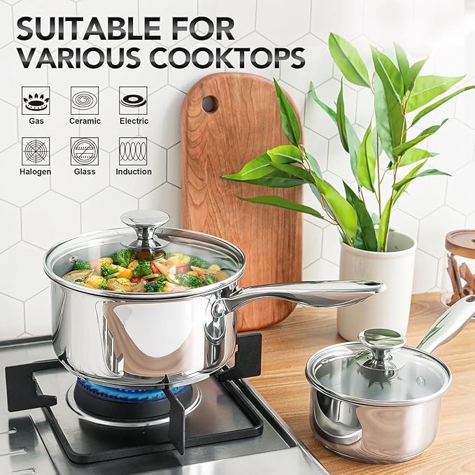 MICHELANGELO Stainless Steel Saucepan Set 1Qt & 2Qt, Premium German Technology Sauce Pans 2 Piece, 18/10 Stainless Steel Sauce Pan Set, Induction Compatible