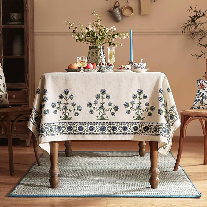 patdrea Designer Linen Vintage Blue Rectangle Tablecloth,Leaves Pattern Anti-Wrinkle Floral Extra Long Table Cloth,French Table Cover for Kitchen Dining,Thanksgiving,Party,63"x110"-Ivar B