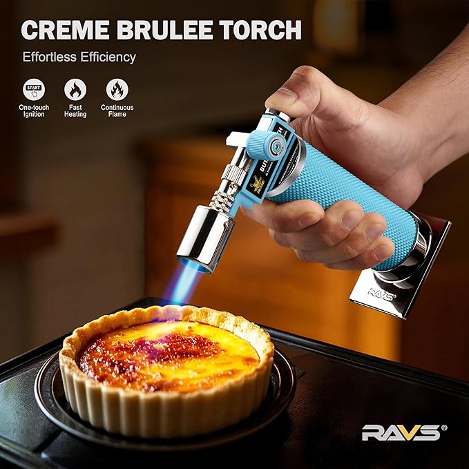 RAVS Butane Torch Lighter, Refillable Kitchen Torch with Safety Lock and Adjustable Flame, Creme Brulee Torch for Baking, BBQ, Blue Blow Torch for Cooking, Mens Gifts, Butane Gas Not Included