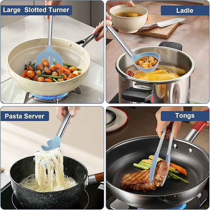8PCS Kitchen Utensils Set, Vayvnt Heat Resistant Silicone Utensils Set for Cooking, Non Scratch Spatula Spoons for Non Stick Pan, Large Kitchen Cooking Tools, Metal Long Handle&Dishwasher Safe, Blue