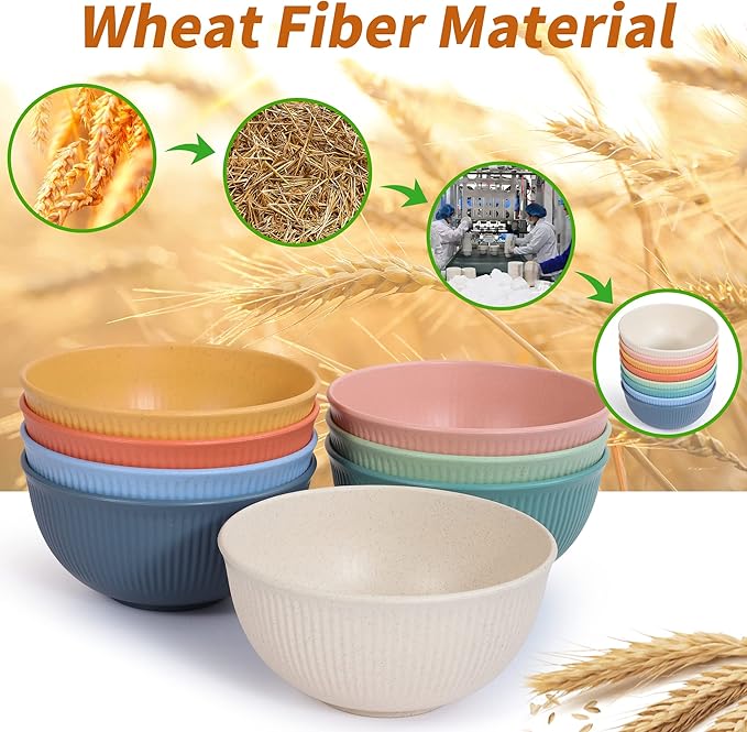 Reusable Bowls Set Unbreakable Cereal Bowls,24 OZ Wheat Straw Fiber Lightweight Bowl Sets 8, Microwave and Dishwasher Safe,Use for Ramen, Soup, Salad -Multi Color