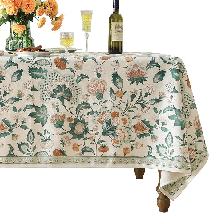 patdrea Designer Green Rectangle Table Cloth,Vintage Italian Floral Country Linen Breathable Tablecloth,Decor Cover for Kitchen Dining,Christmas,Tea Party,Thanksgiving,63"x87"-Tree Life