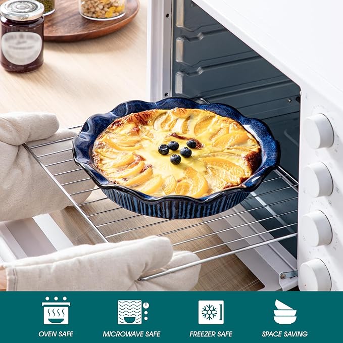 vancasso Stern Ceramic Pie Pan for Baking, 9 inch Pie Plates for Apple Pie and Quiche, Deep Pie Dish, Large Pot Pies, Thanksgiving Gifts for Women -Blue
