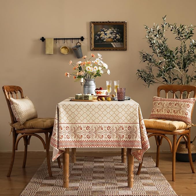 ISAENNE Designer Linen Floral Square Tablecloth,Pale Yellow Farmhouse Indoor Table Cloth,Fall Durable Decor Tablecloths for Dining Kitchen Thanksgiving Christmas Party,67"*67"-Chamonix A