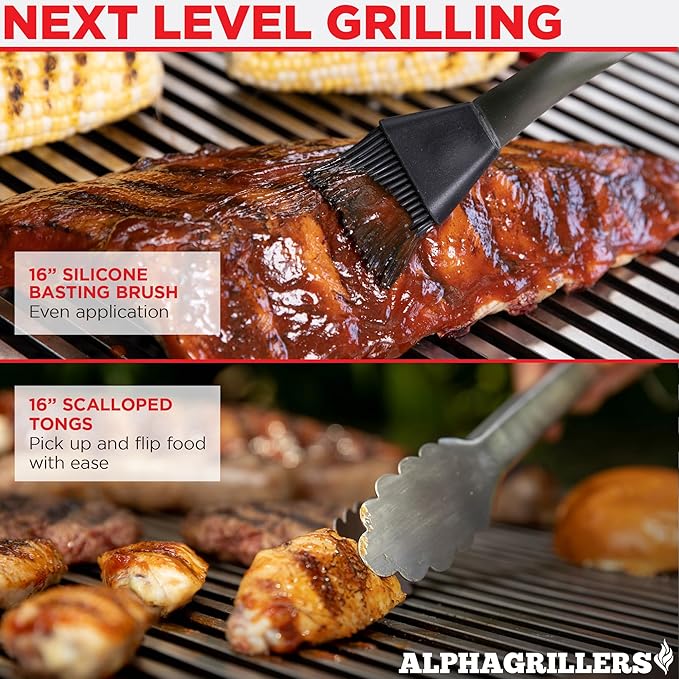 Alpha Grillers Grilling Accessories - Grilling Gifts for Men - BBQ Accessories Grill Tools Set with Spatula, Fork, Brush & Tongs - Outdoor Barbecue Utensils Gifts for Men Dad Him Boyfriend