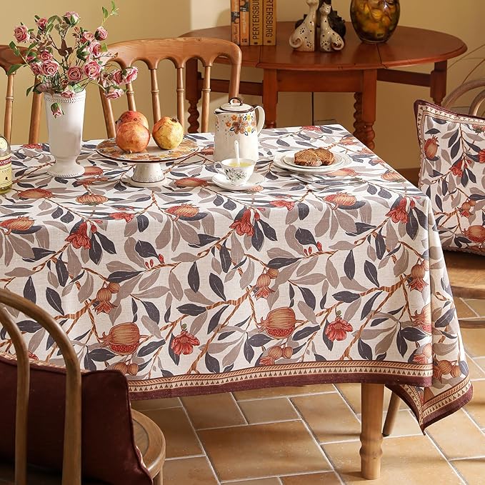 patdrea Designer Vintage Long Tablecloth for Rectangle Table,Linen Pomegranates Leaves Pattern Tablecloths,Decor Table Cover for Kitchen Dining Christmas,Party,Thanksgiving,63"x102"-Tehran a