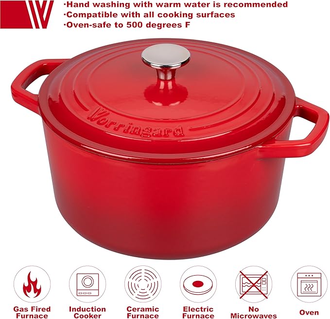 Enameled Cast Iron Dutch Oven Pot with Lid, for Bread Baking, Round Bread Oven- include Sourdough Bread Baking Supplies Set, 6QT, Red