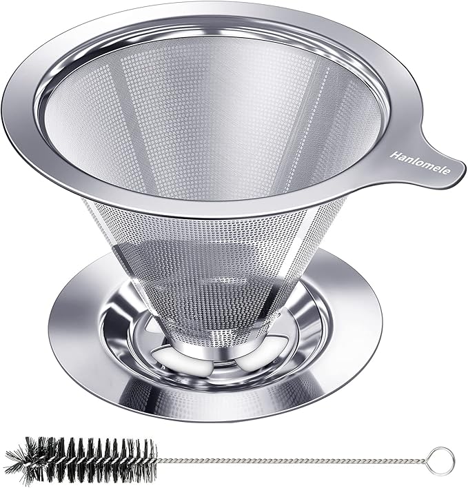 Pour Over Coffee Dripper, Paperless Reusable Coffee Filter, Pour Over Coffee Maker for Single Cup Brew, Double Mesh Design of Stainless Steel Cone Filter for Perfect Extraction (1-4 Cup)