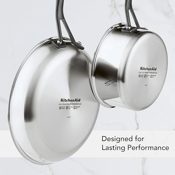 KitchenAid 5-Ply Clad Polished Stainless Steel Cookware Pots and Pans Set, 10 Piece