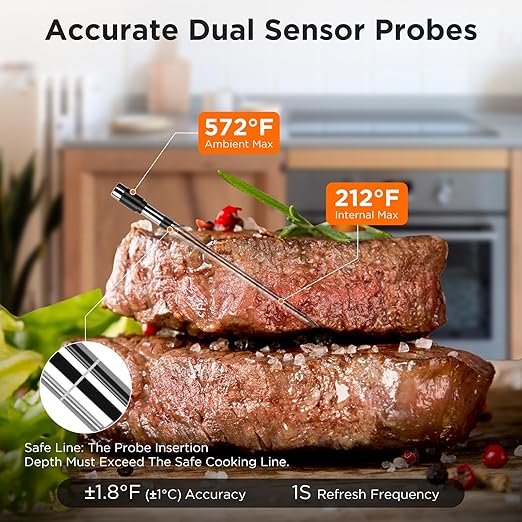 Bluetooth Meat Thermometer with Smart APP, 800FT Wireless Range & LCD Base, Rechargeable Probe, Digital Food Thermometer for BBQ, Grill, Chefs, Air Fryer, Gifts for Men Dad