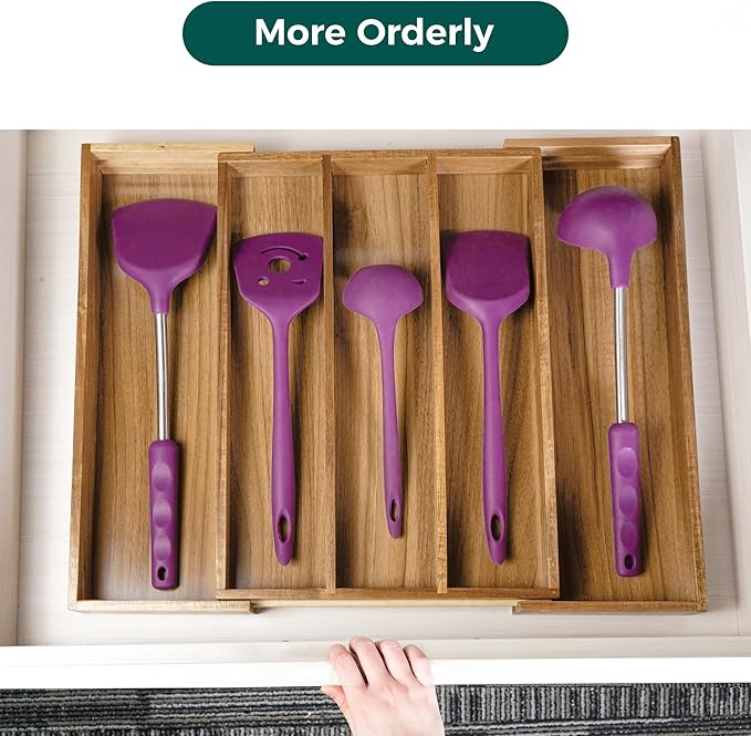 Utoplike Acacia Kitchen Drawer Organizer Expandable, Large Utensils and Cutlery Tray, Adjustable Silverware Divider for Knives Flatware