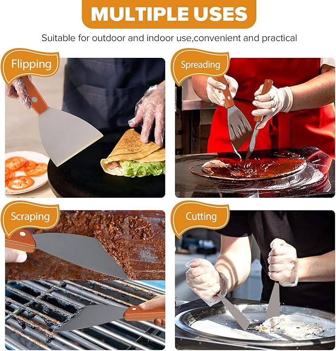 Small Flat Metal Spatula Scraper Set,2 Pcs Stainless Steel Dough Food Scraper Kitchen Tool, Griddle Grill Scrapers for Flat Tops Pancake Pizza Burgers Cooking Cutting Flipping Cleaning, Slant Edge