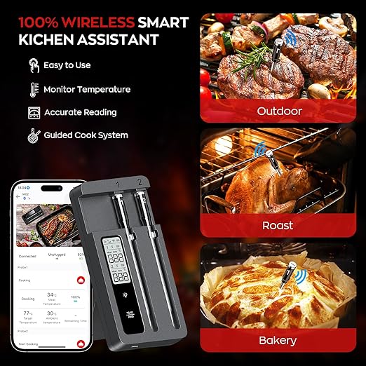 Smart Wireless Meat Thermometer with Dual Probes, Bluetooth & WiFi Combo, High Precision & Fast Response for BBQ, Grill, Smoker, Oven, Air Fryer