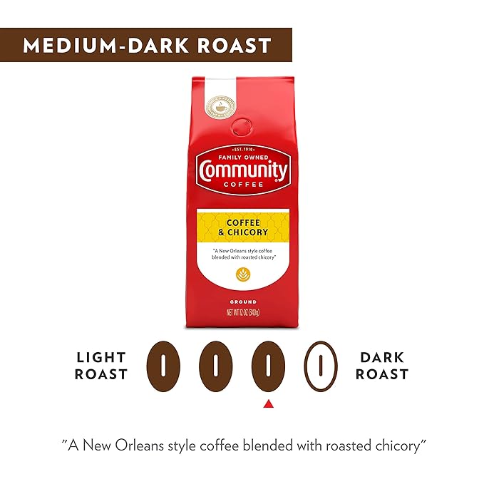 Community Coffee and Chicory, 72 Ounces Ground Coffee, Medium Dark Roast, 12 Ounce Bag (Pack of 6)
