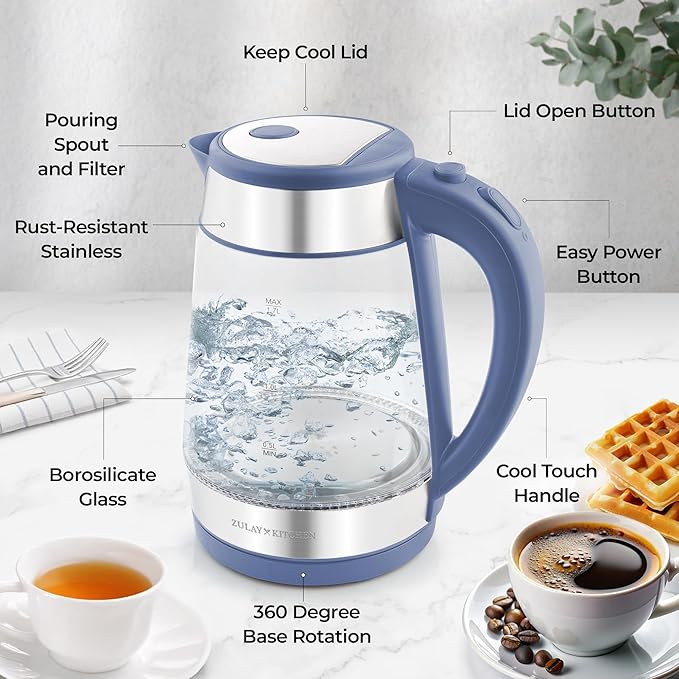 Zulay Kitchen Fast Boiling Electric Water Kettle - 1.7L, 1500W, Auto Shut-Off for Overboil & Boil Dry Protection, Cool-Touch Handle, 360° Base - Rapid Teapot Boiler For Coffee & Tea - Blue