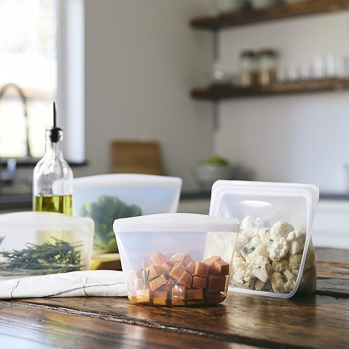 Stasher Premium Silicone Reusable Food Storage Bags 4-Pack Boxed Starter Kit, Clear, Microwave, Sous Vide, Dishwasher, Oven & Freezer Safe, Multi-Use Containers, BPA Free, Leak-free, Eco-friendly