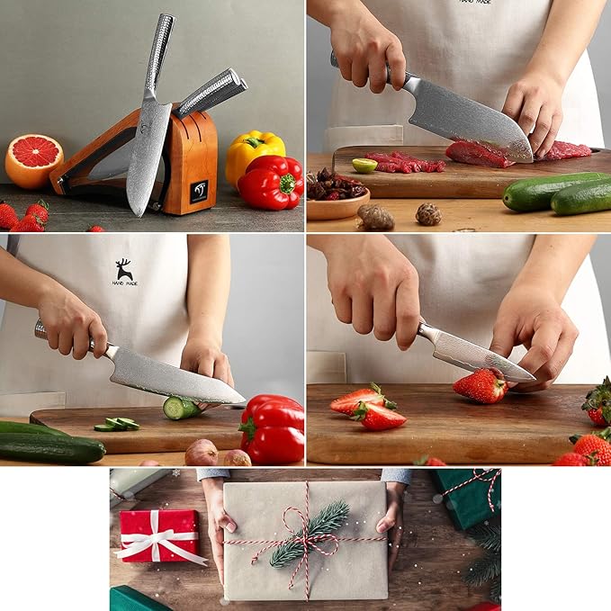 4 Pieces Damascus Kitchen Knife Set With Block - 8" Chef, 7" Santoku, 3.5" Paring, 3 Slots Natural Wood Block, 67 Layer Handmade Damascus VG10 Steel Core, Hammered Ergonomic Handle