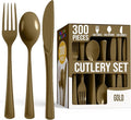 Party Solids Gold Plastic Silverware Heavy Duty 300 Pieces Gold Plastic Cutlery Sets, Utensil Sets, 100 Of Each Forks, Knives & Spoons Disposable Cutlery Set, Flatware Set For Party Supplies