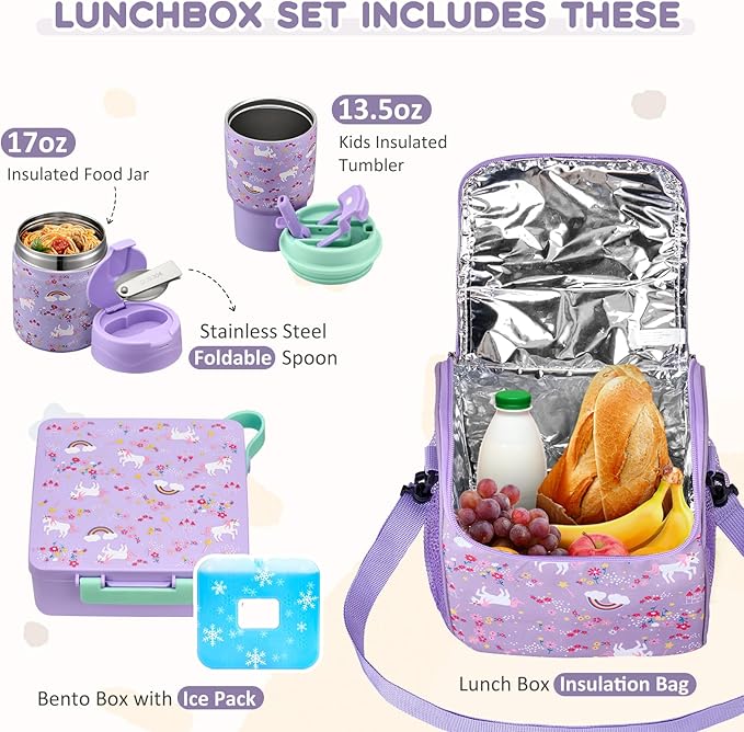 Lunch Box Set with Bento Box Container, 17OZ Stainless Steel Food Soup Thermo, Kids Water Bottle & Portable Insulated Lunch Bag, Leakproof, Hot/Cold Retention for School, Travel (Purple-Horse)